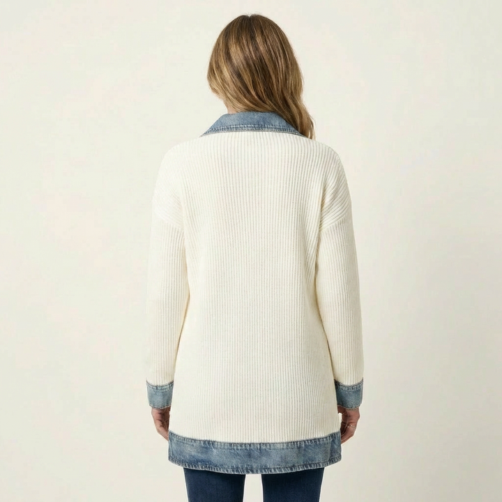 Women's Ribbed Knit Jacket with Denim Trim