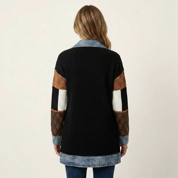 Women's Ribbed Knit Jacket with Denim Trim