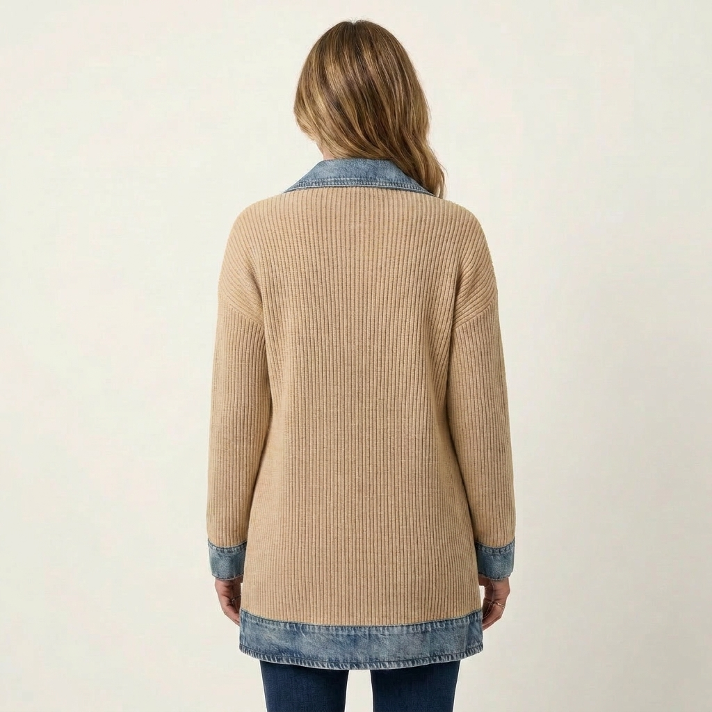 Women's Ribbed Knit Jacket with Denim Trim