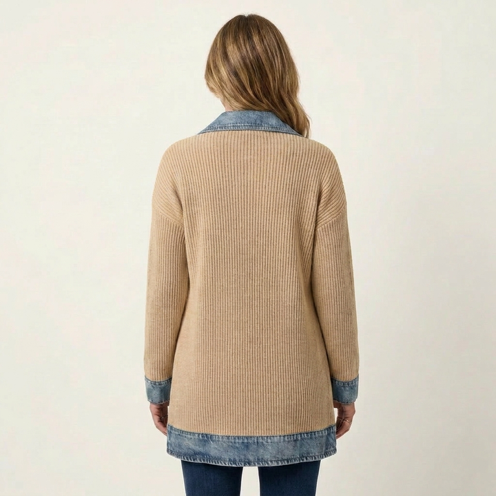 Women's Ribbed Knit Jacket with Denim Trim