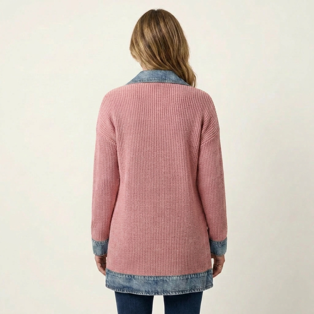 Women's Ribbed Knit Jacket with Denim Trim