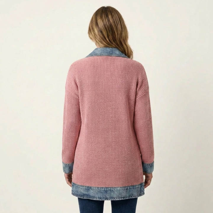 Women's Ribbed Knit Jacket with Denim Trim