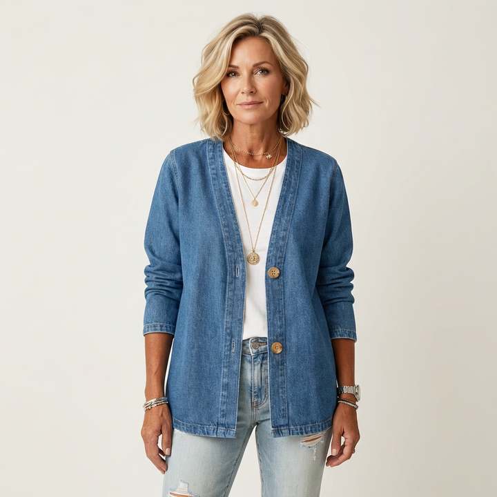 Women's Collarless V-Neck Denim Cardigan Jacket
