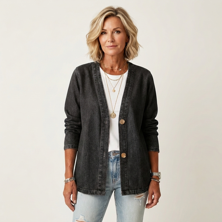 Women's Collarless V-Neck Denim Cardigan Jacket
