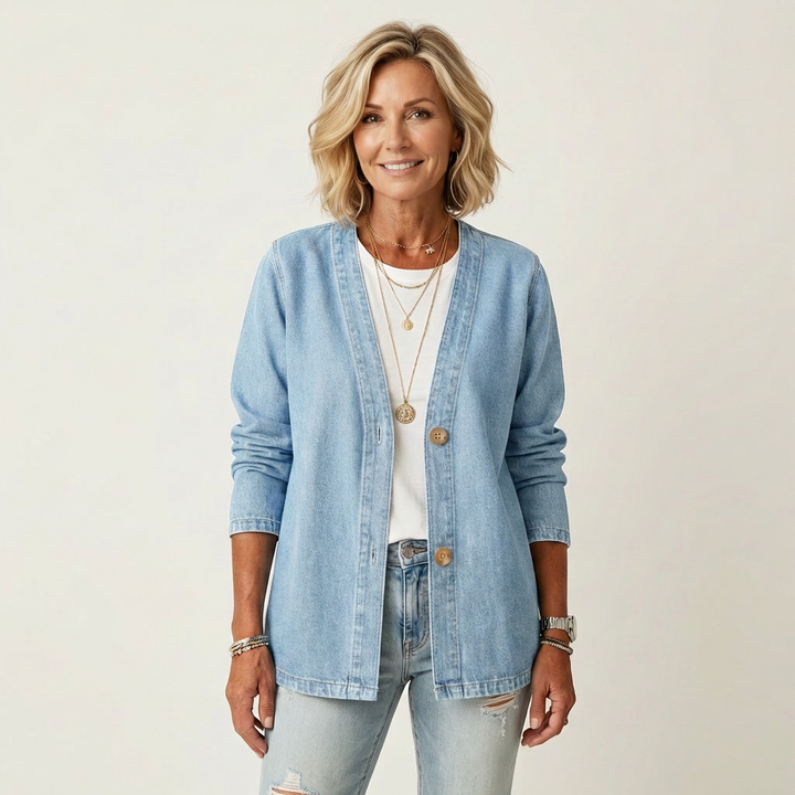 Women's Collarless V-Neck Denim Cardigan Jacket