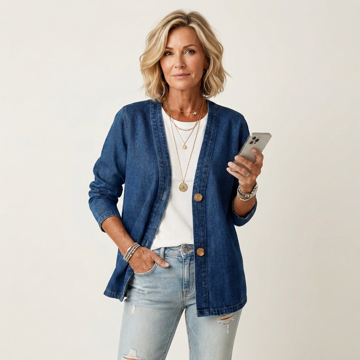 Women's Collarless V-Neck Denim Cardigan Jacket