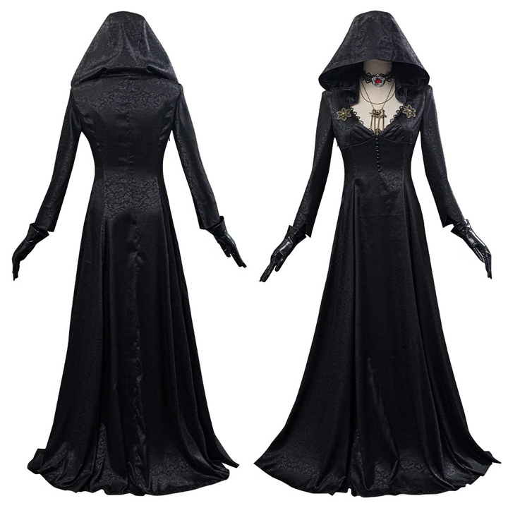 Halloween's Vampire Lady Costume with Jacquard Coat, Satin Dress & Accessories