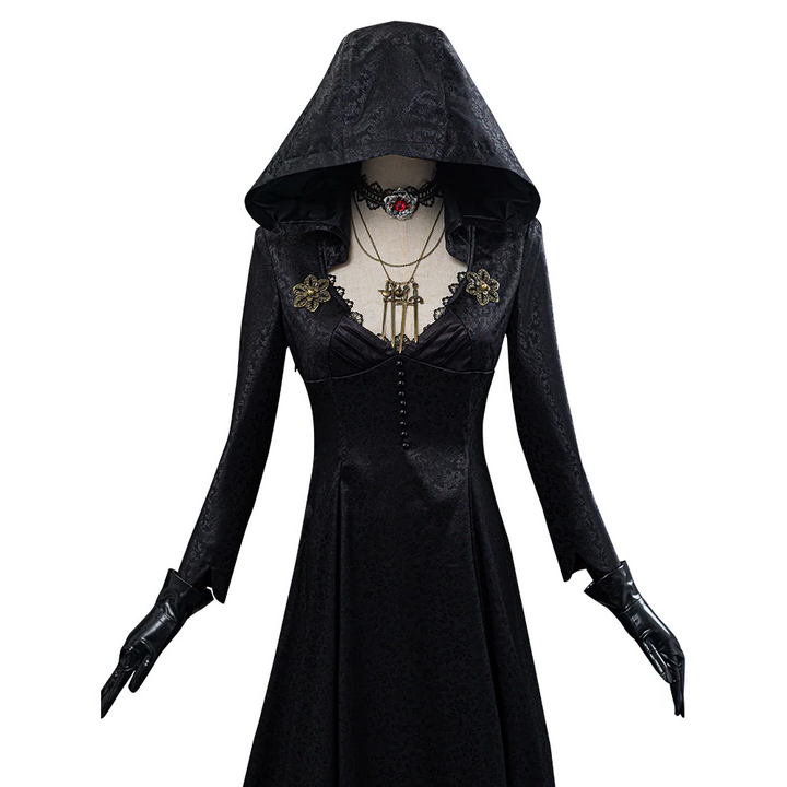 Halloween's Vampire Lady Costume with Jacquard Coat, Satin Dress & Accessories