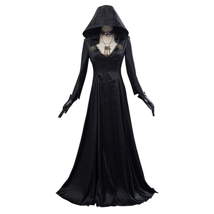 Halloween's Vampire Lady Costume with Jacquard Coat, Satin Dress & Accessories