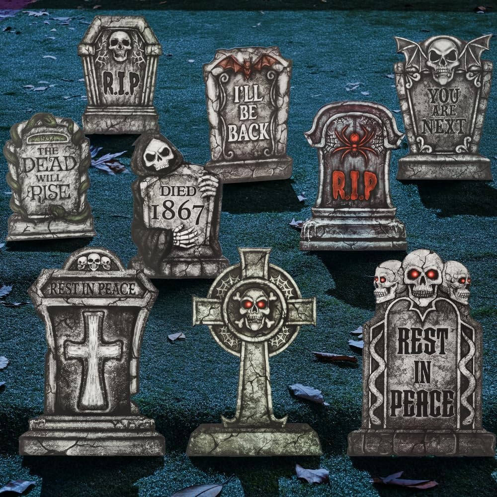 Halloween's 9 PCS 16 Inch Plastic Tombstones with Metal Stakes for Yard Decor