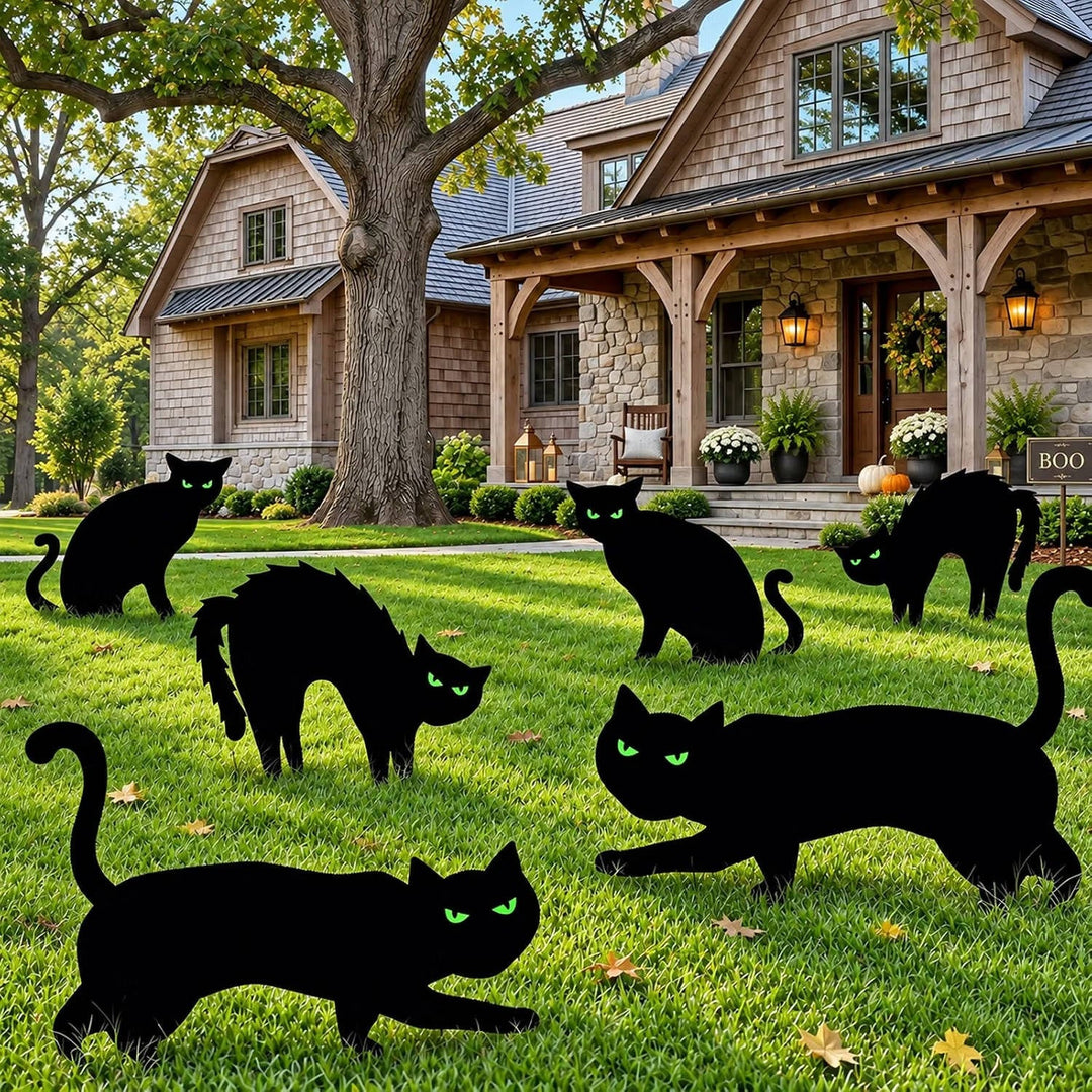 Halloween's 6 Pack Black Cat Yard Decorations with Glow in Dark Eyes