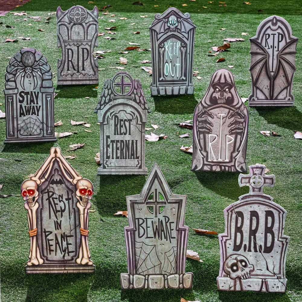 Halloween's 9 PCS 16 Inch Plastic Tombstones with Metal Stakes for Yard Decor
