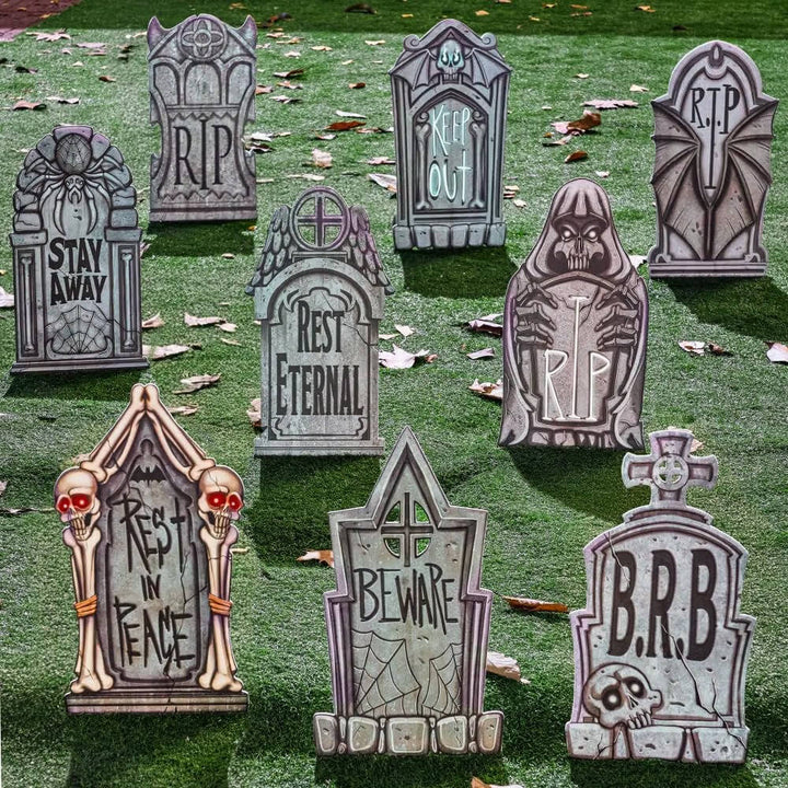 Halloween's 9 PCS 16 Inch Plastic Tombstones with Metal Stakes for Yard Decor
