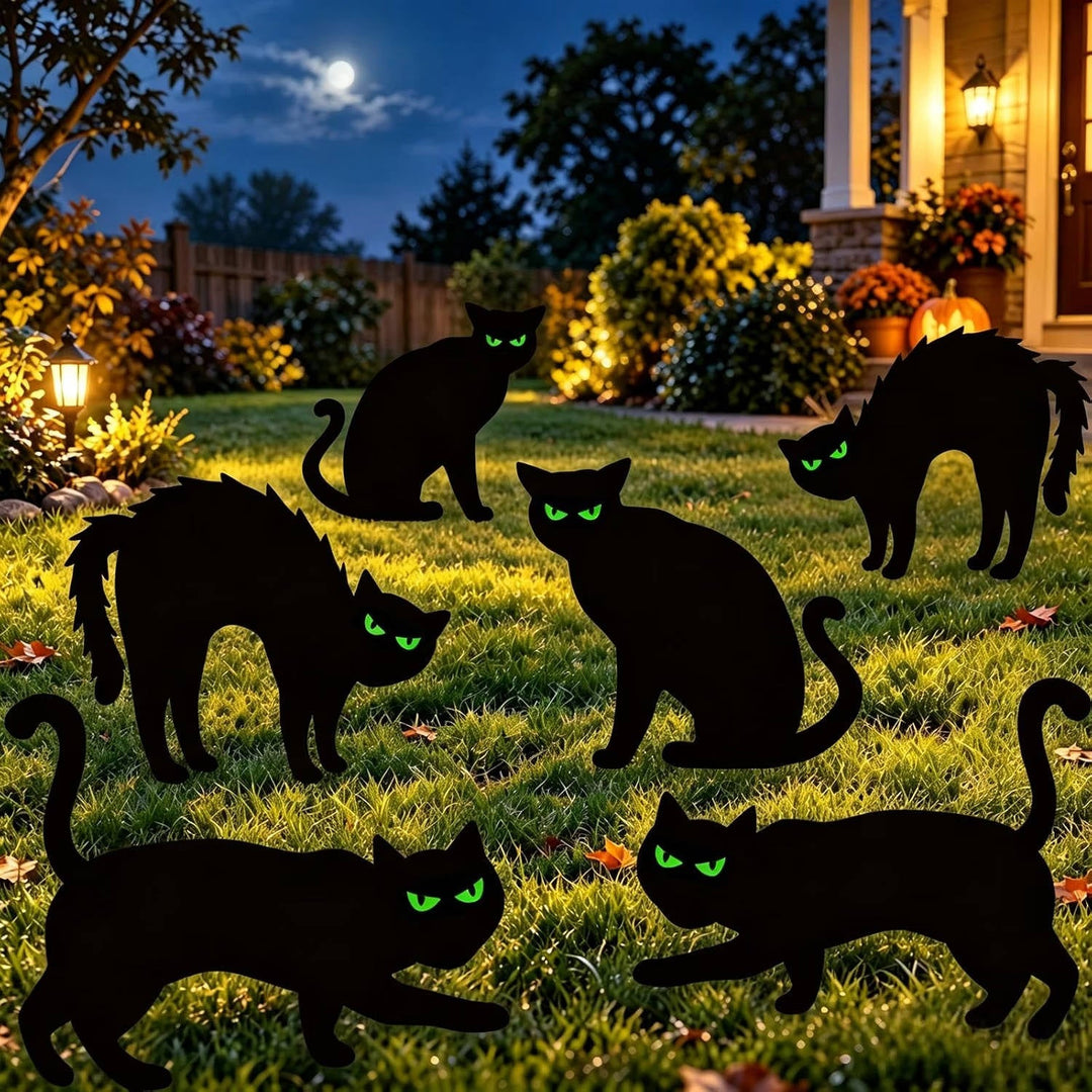Halloween's 6 Pack Black Cat Yard Decorations with Glow in Dark Eyes