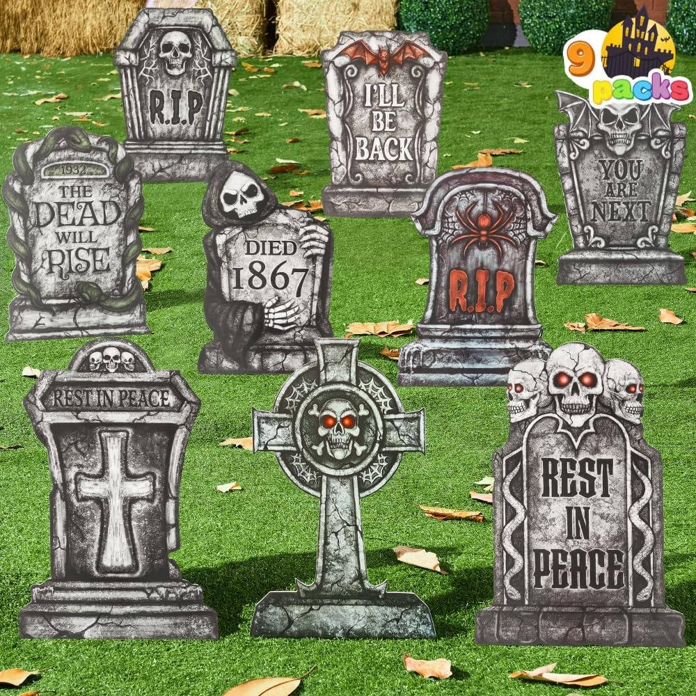 Halloween's 9 PCS 16 Inch Plastic Tombstones with Metal Stakes for Yard Decor