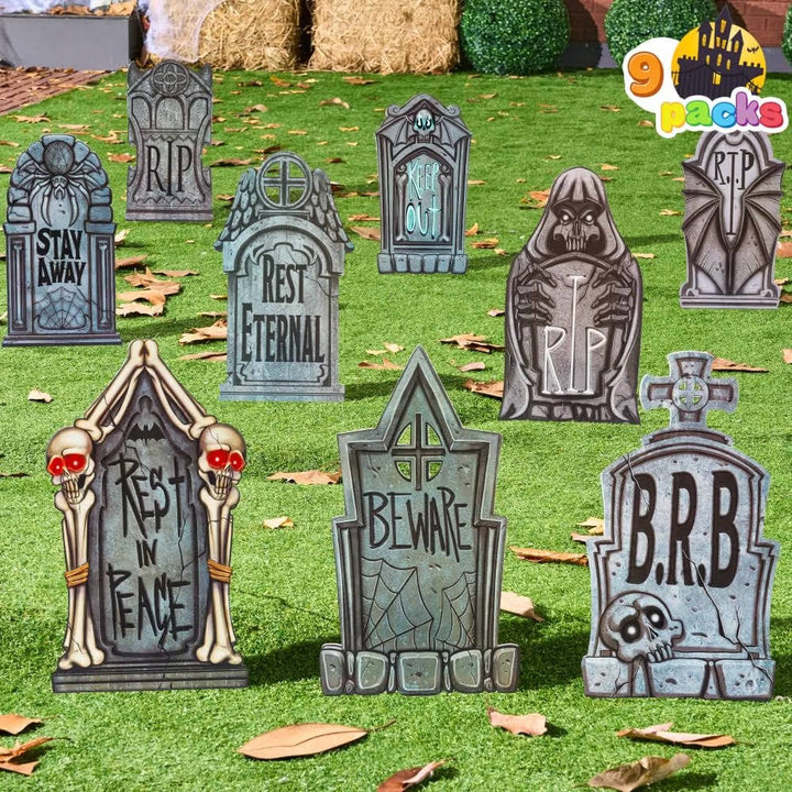 Halloween's 9 PCS 16 Inch Plastic Tombstones with Metal Stakes for Yard Decor
