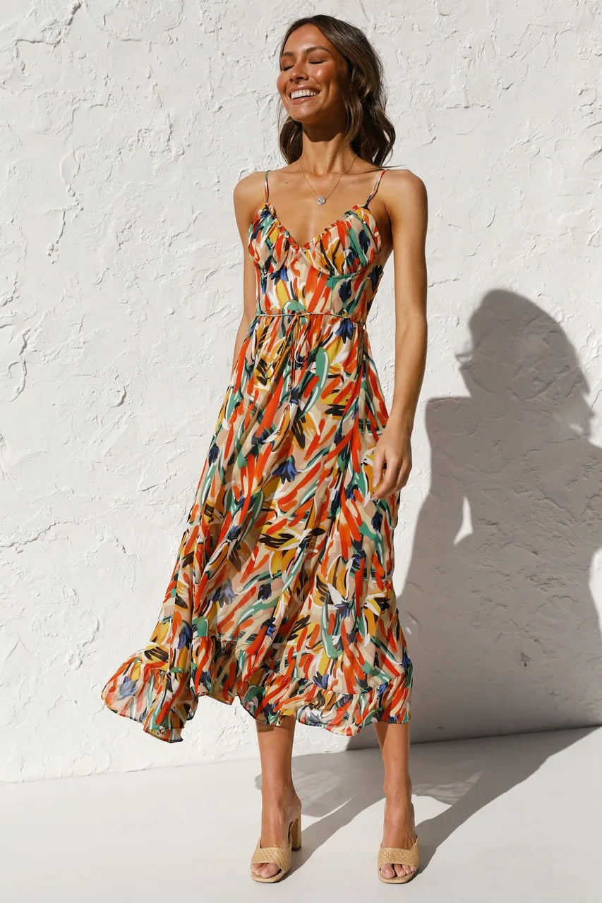 Women's Floral Spaghetti Strap Midi Dress – Summer Fashion Essential