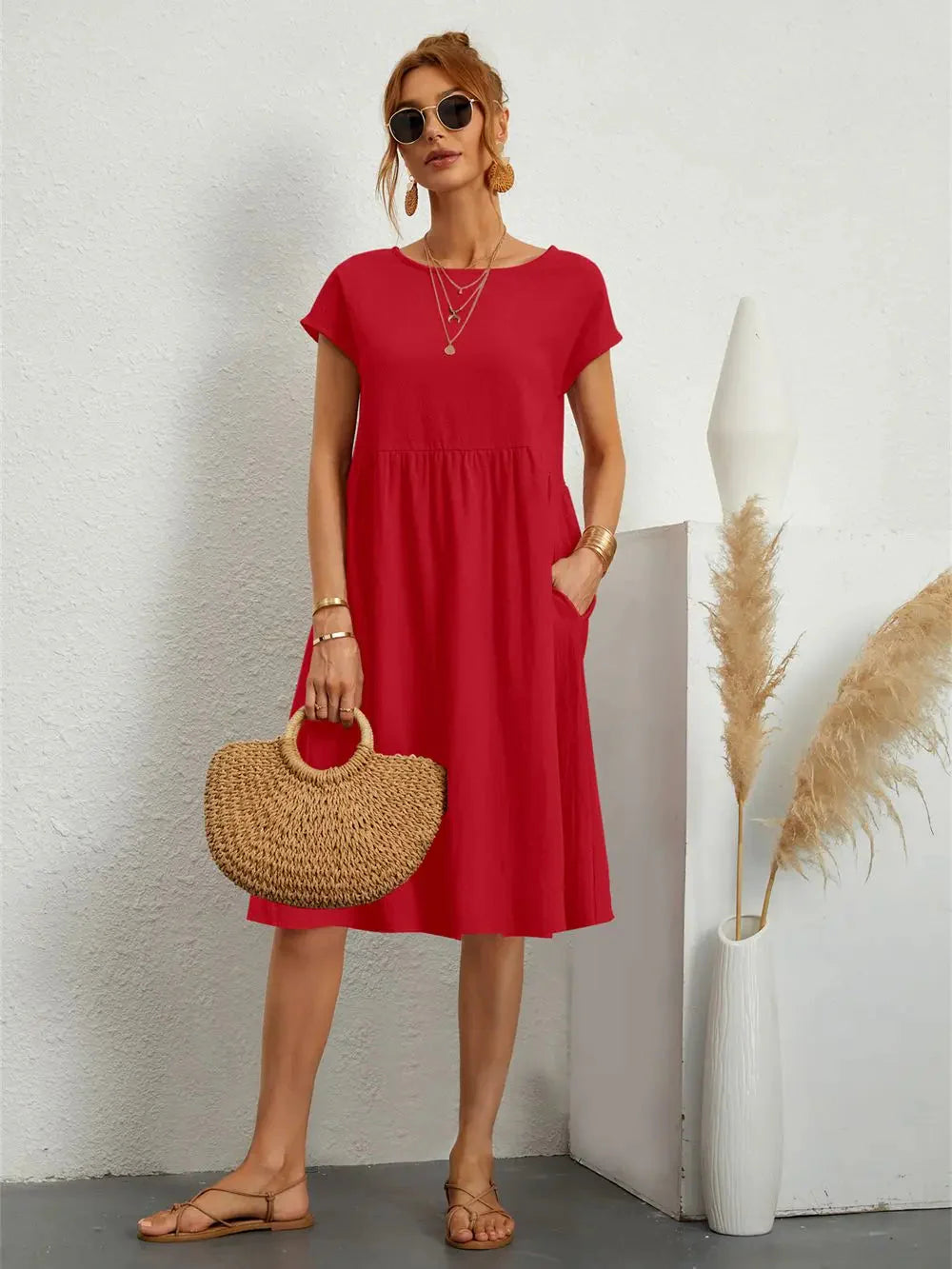 Women's Smocked Pocket Midi Dress - Casual Summer Style