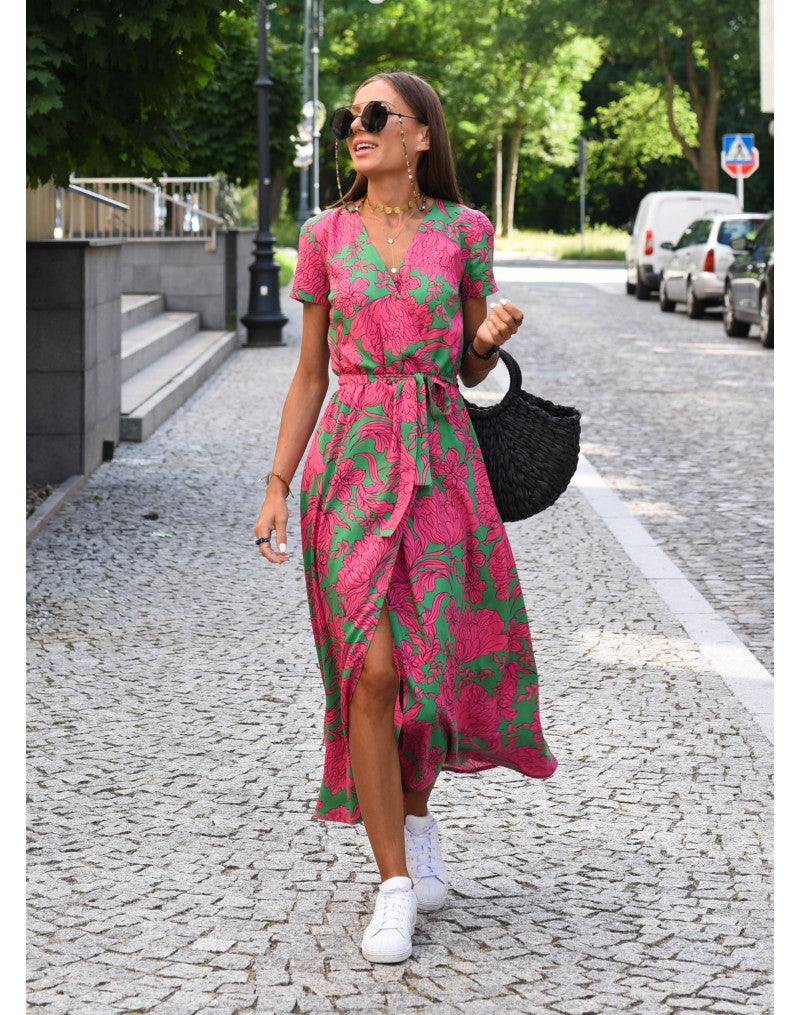 Women's Floral Wrap Side Slit Midi Dress – Summer Fashion Essential