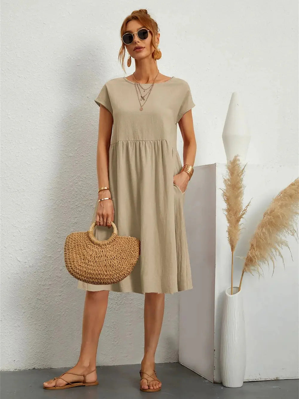 Women's Smocked Pocket Midi Dress - Casual Summer Style