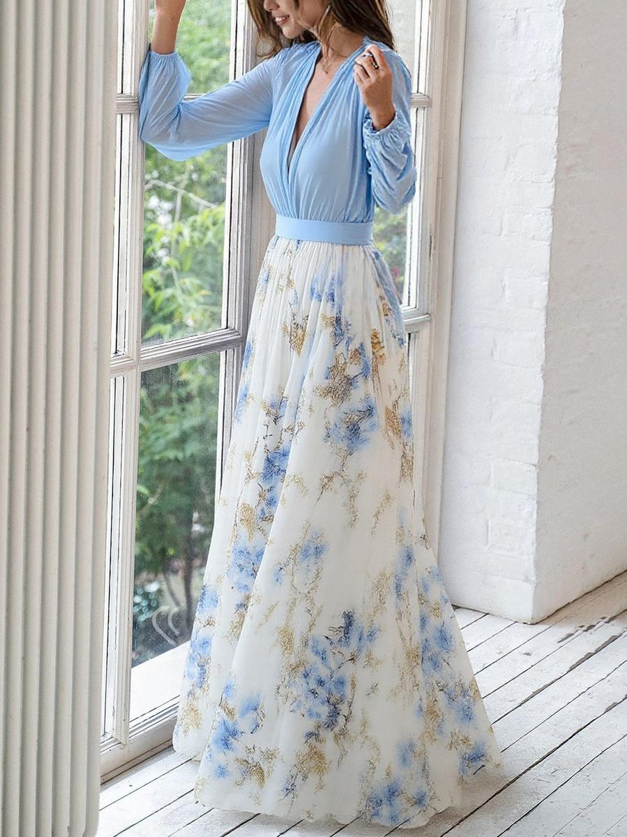 Women's Floral Chiffon Ruffle Maxi Evening Dress