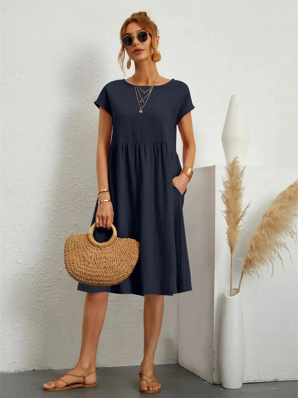 Women's Smocked Pocket Midi Dress - Casual Summer Style