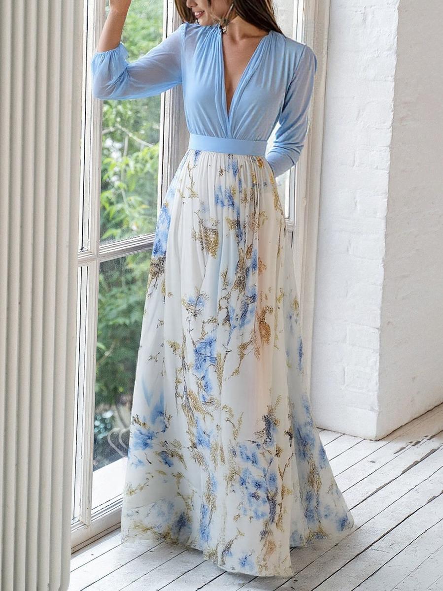 Women's Floral Chiffon Ruffle Maxi Evening Dress