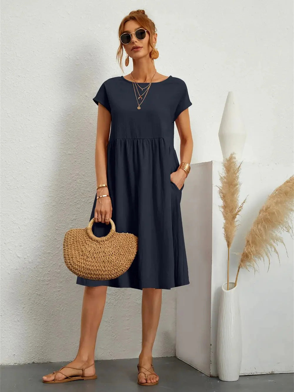 Women's Smocked Pocket Midi Dress - Casual Summer Style