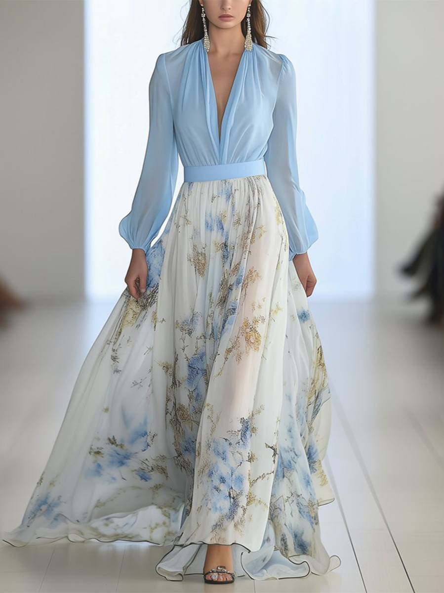 Women's Floral Chiffon Ruffle Maxi Evening Dress