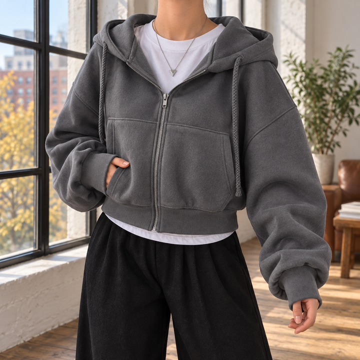 Women's Cropped Oversized Zip-Up Hoodie with Puffed Sleeves
