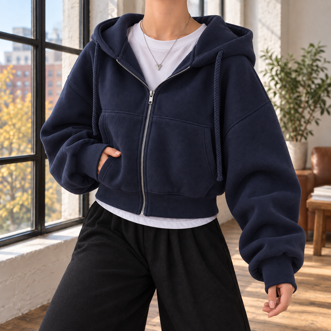 Women's Cropped Oversized Zip-Up Hoodie with Puffed Sleeves
