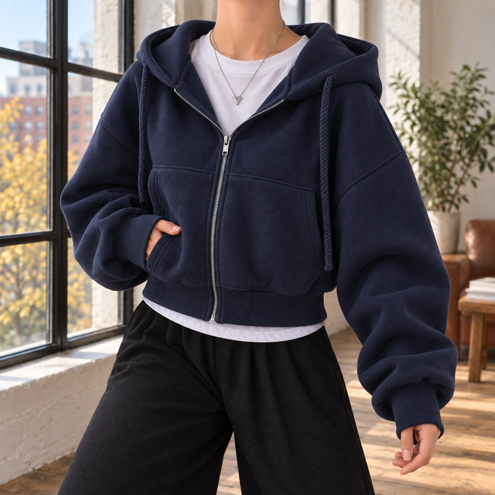 Women's Cropped Oversized Zip-Up Hoodie with Puffed Sleeves