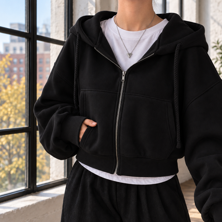 Women's Cropped Oversized Zip-Up Hoodie with Puffed Sleeves