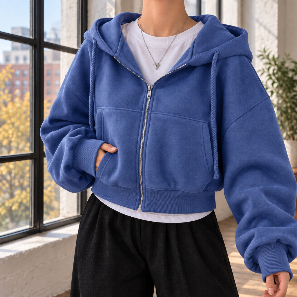 Women's Cropped Oversized Zip-Up Hoodie with Puffed Sleeves