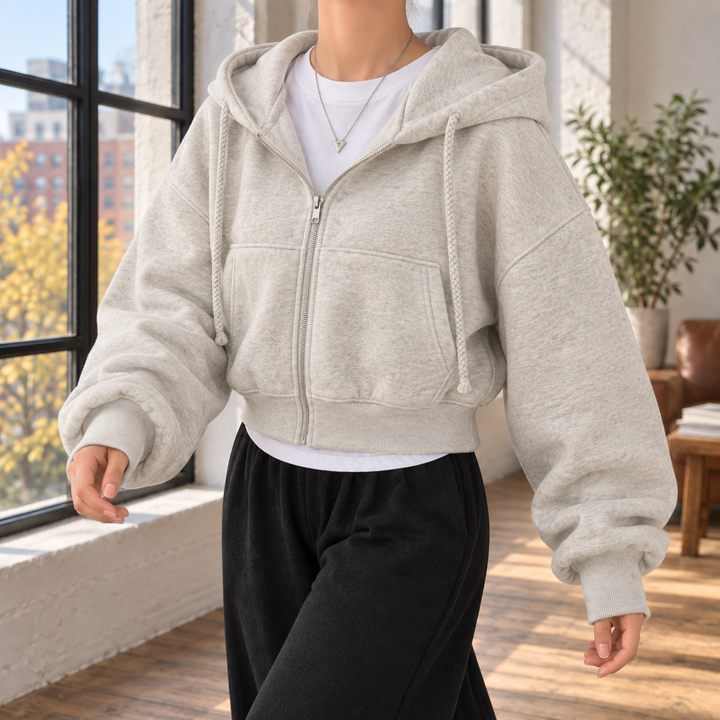 Women's Cropped Oversized Zip-Up Hoodie with Puffed Sleeves
