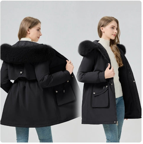 Women's Structured Winter Parka with Faux Fur Hood and Pockets