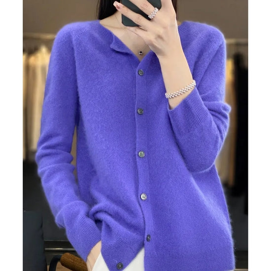 Women's Merino Wool Button-Front Cardigan with Long Sleeves
