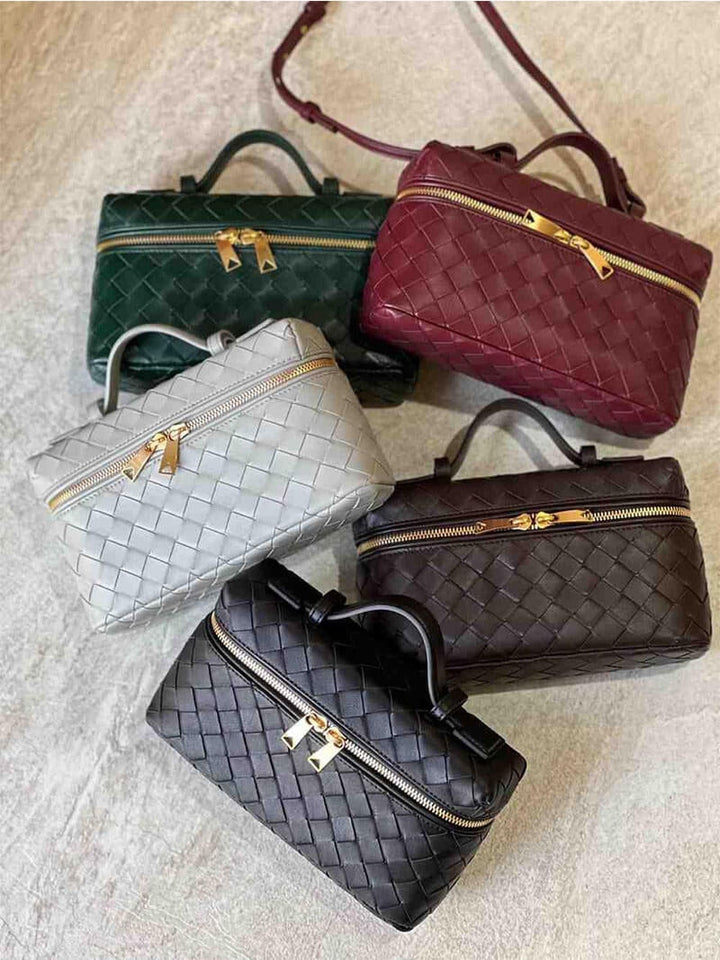 Women's Woven Crossbody Bag with Double Zipper in Vegan Leather
