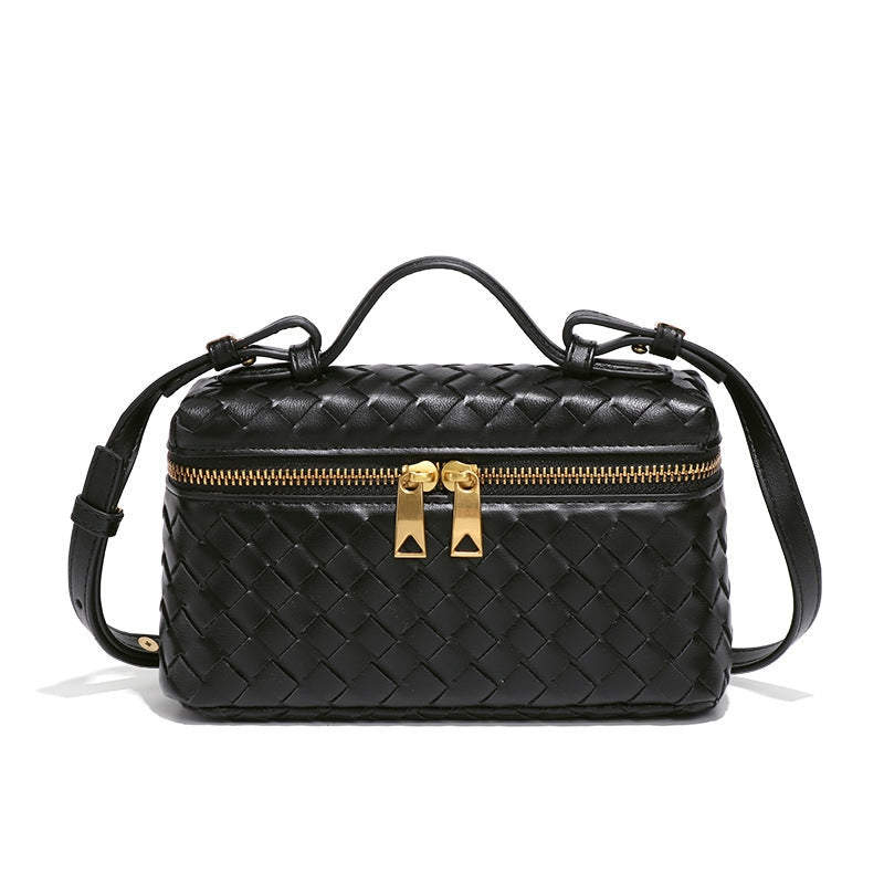 Women's Woven Crossbody Bag with Double Zipper in Vegan Leather