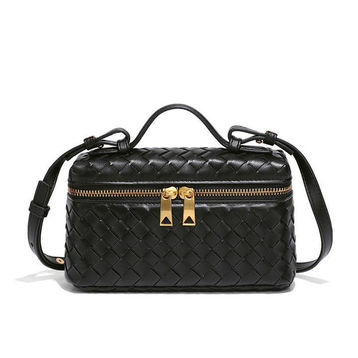 Women's Woven Crossbody Bag with Double Zipper in Vegan Leather