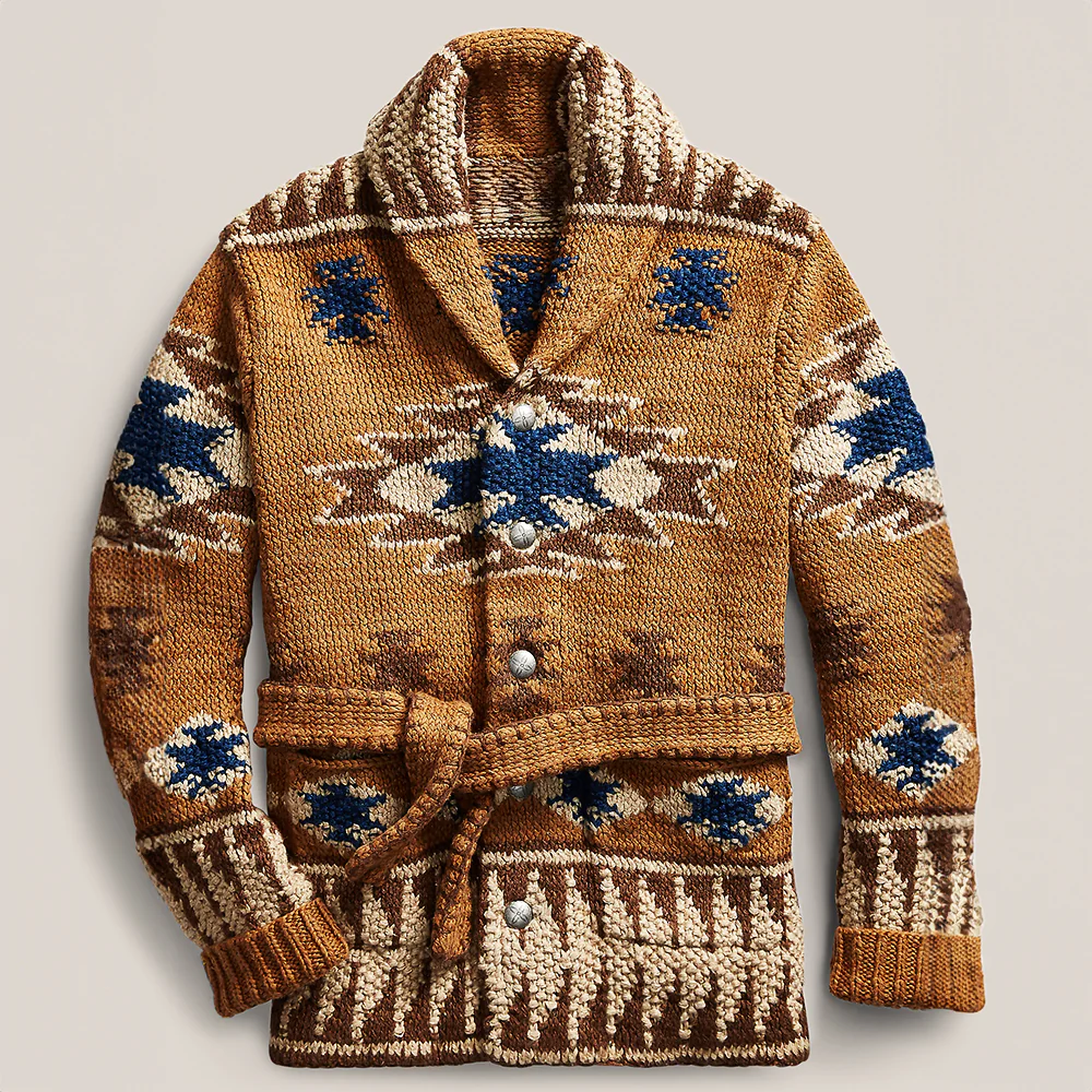 Men's Jacquard Wool Cardigan with Belt
