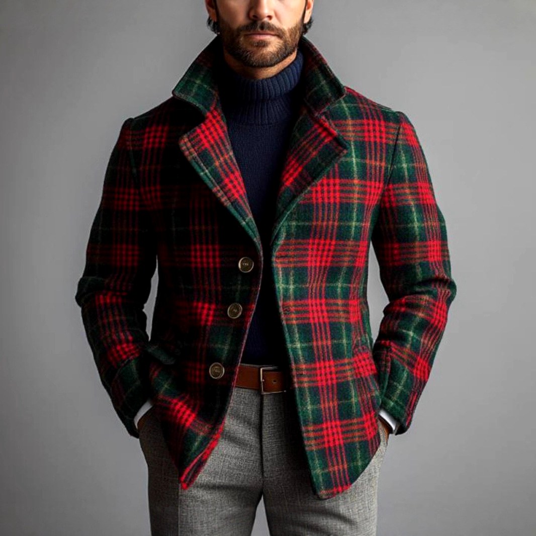 Men's Plaid Single-Breasted Notch-Collar Jacket