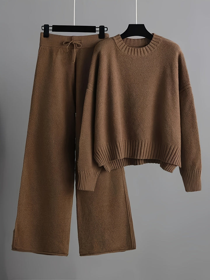 Women's Cropped Crewneck Knit Sweater and Wide-Leg Pants Set