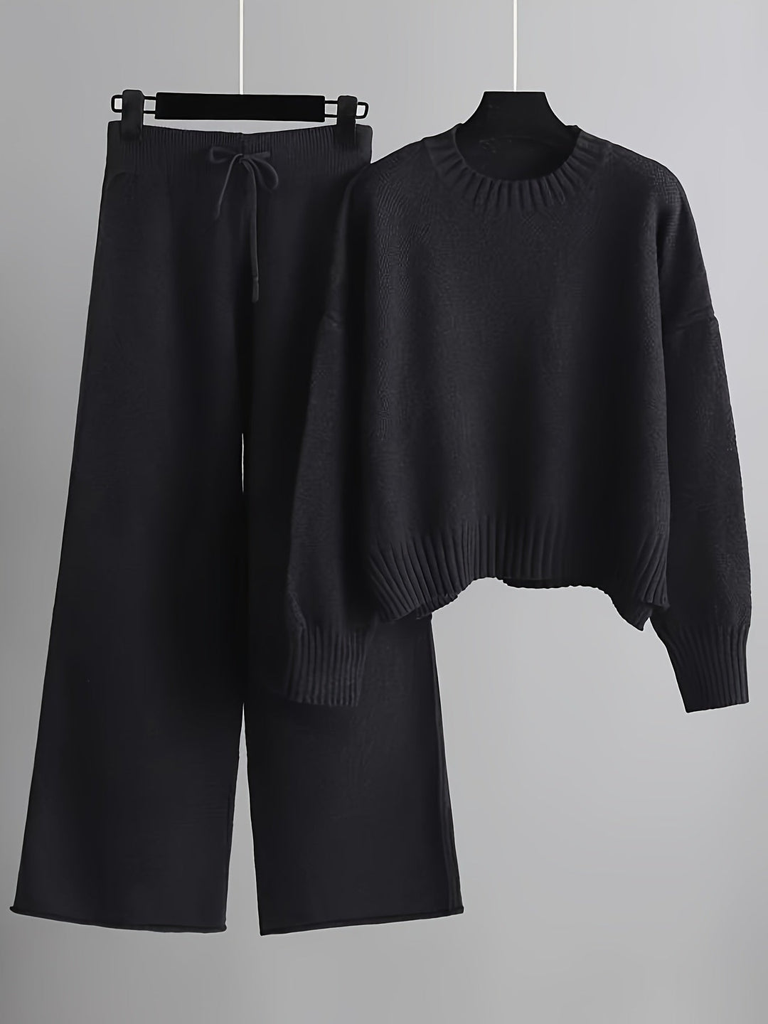Women's Cropped Crewneck Knit Sweater and Wide-Leg Pants Set