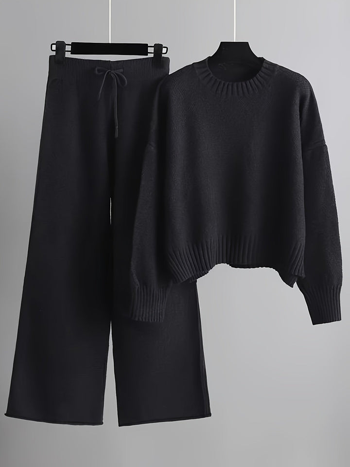 Women's Cropped Crewneck Knit Sweater and Wide-Leg Pants Set
