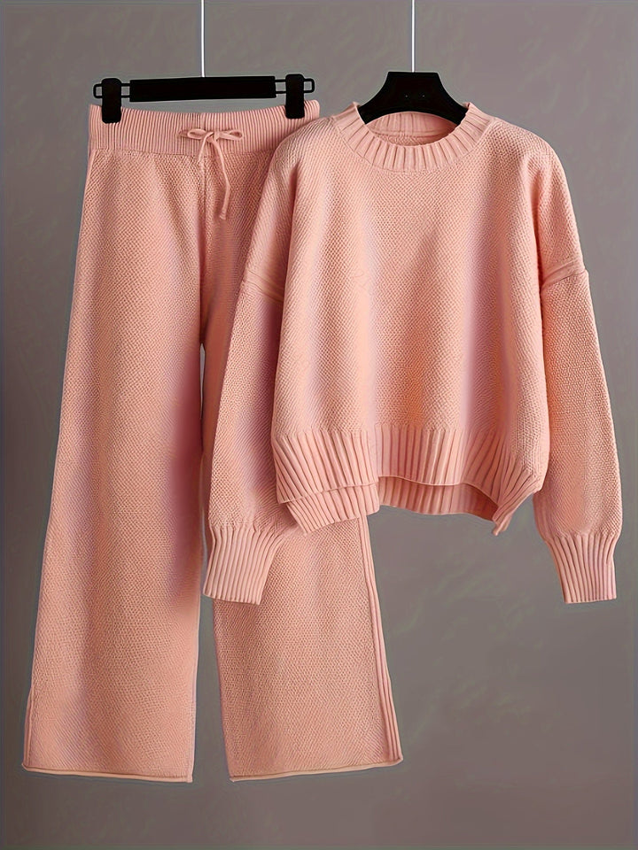 Women's Cropped Crewneck Knit Sweater and Wide-Leg Pants Set