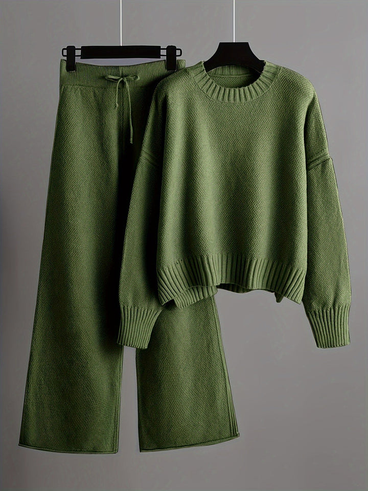 Women's Cropped Crewneck Knit Sweater and Wide-Leg Pants Set