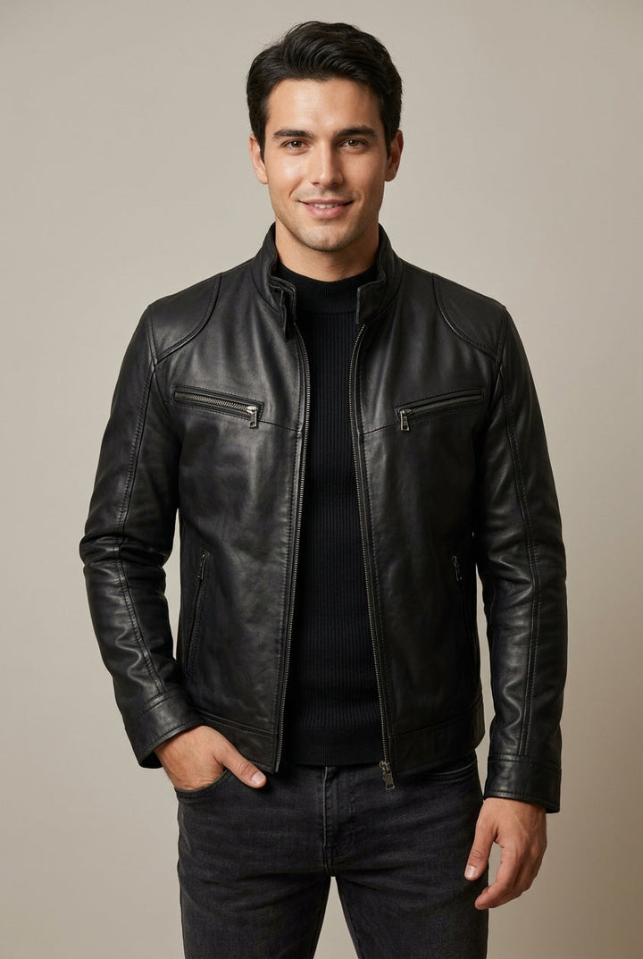 Men's Quilted-Shoulder Leather Jacket with Stand Collar