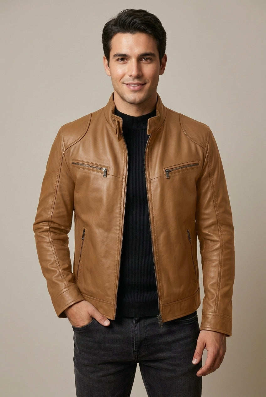 Men's Quilted-Shoulder Leather Jacket with Stand Collar
