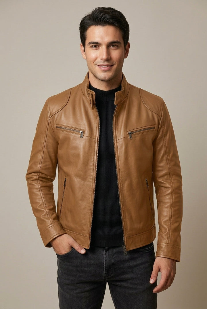Men's Quilted-Shoulder Leather Jacket with Stand Collar